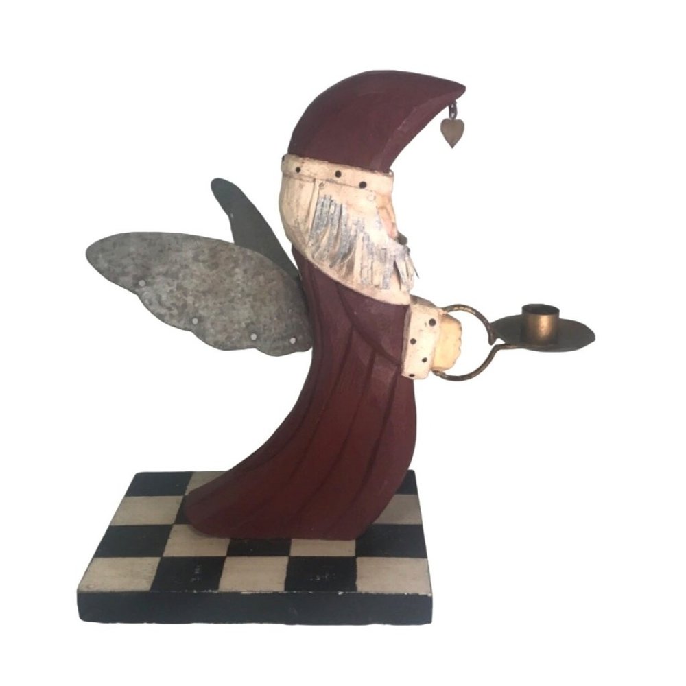 Vintage Midwest of Cannon Falls Winged Carved Santa Candleholder for Mini Tapers